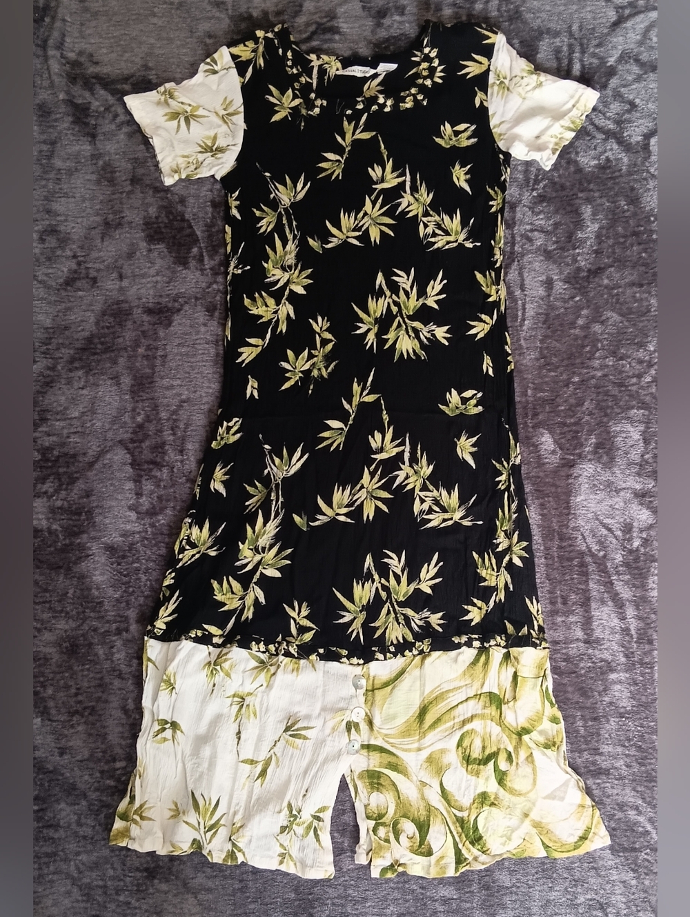 Vintage CASUAL STUDIO Black/GreenFloral Linen Dress Square Neck Short Sleeve M